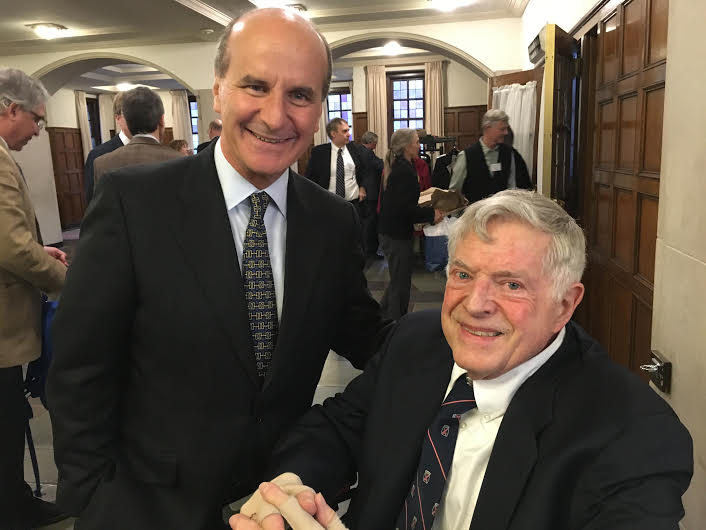 Jose Maria Figueres, former president of Costa Rica who delivered the 14th annual Peter M. Wege Lecture at the University of Michigan March 28, 2016, is pictured with Dr. Jonathan Bulkley, retired professor in the School of Natural Resources and the Environment and former co-chairman of the Center for Sustainable Systems. In 2011 Peter M. Wege and The Wege Foundation created the Jonathan W. Bulkley Collegiate Professorship in Sustainable Systems to honor Dr. Bulkley’s distinguished career of 43 years at SNRE as well as the close friendship between Peter and the professor that began in 1991 and lasted until Wege died in 2014. At the dinner following the lecture, SNRE faculty member Shelie Miller was announced as the first recipient of the five-year Bulkley Professorship. Dr. Miller’s most recent honor is a Jefferson Fellowship given by the National Academy of Science for a year’s assignment with U.S. Agency for International Development to end global poverty.